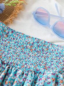 SHEIN VCAY Váy mini thanh lịch in hoa ngẫu nhiên cho nữ - Màu xanh nhạt - Xem 6