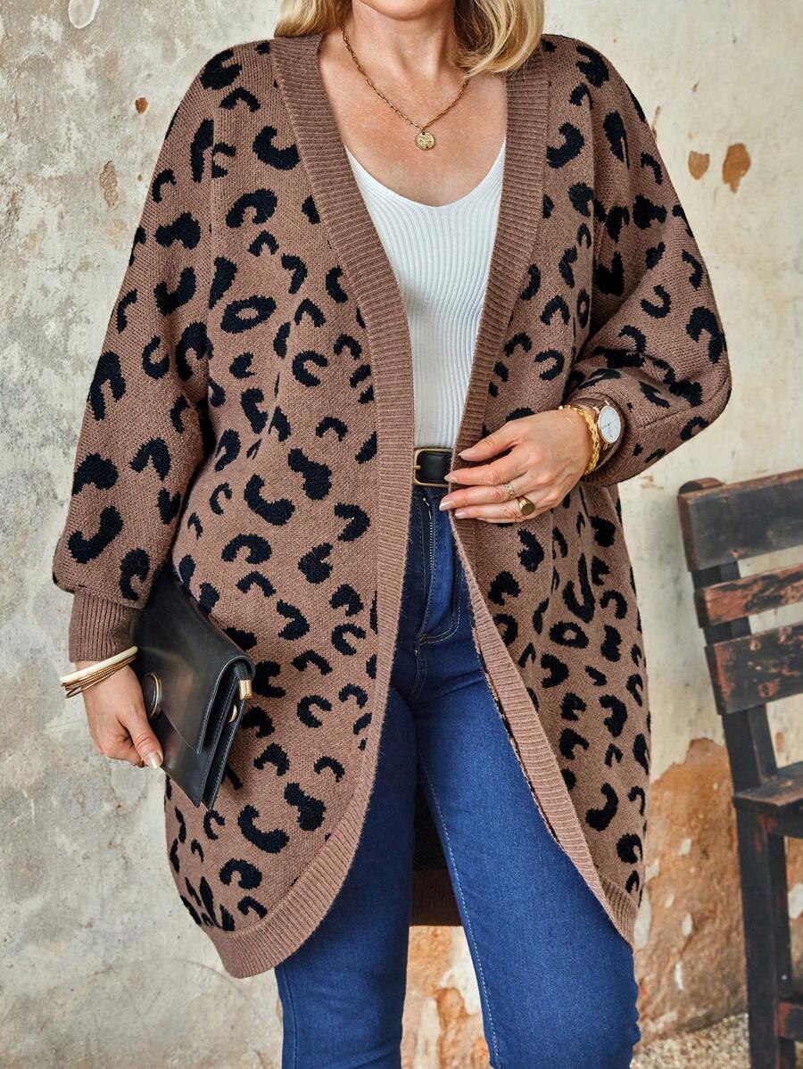 Plus 豹纹落肩开衫，棕色女式开衫 - 彩色 - 查看 1