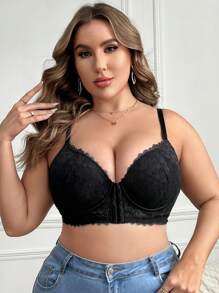 大码性感浪漫休闲舒适前钩眼蕾丝胸罩，防止下垂，托胸，可调节，1 件内衣 - 黑色 - 查看 3