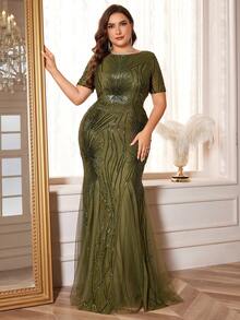 Vestido de noche formal de talla grande (diseño de trabajo pesado) Elegante vestido de invitada de boda, para graduación, cena - Verde Oliva - Ver 6