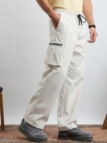 Manfinity VCAY 編織男士休閒鬆身彈性腰口袋實色長褲，適用於日常穿著和青年年齡組 - 杏色 - 查看 3