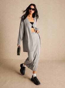 Poéselle 2 件/套罗纹纯色针织毛衣开衫套装，新款开衫低腰裙毛衣两件套，秋季毛衣，秋季套装，开衫长款，基本款，FW24 - 淺灰色 - 查看 6