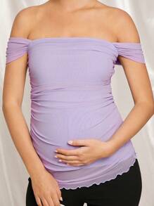 MaterniChic Maternity Off-Shoulder Fitted T-Shirt For Baby Shower Party, Summer - Purple - View 4
