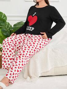 RueChic Cotton 2Pcs Plus Size Heart Print Long Sleeve Shirt And Long Bottom PJ Set - Black - View 3