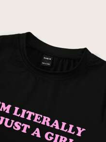 TRNVIE Plus Size Women Cropped Slogan Slim Fit T-Shirt, I'M LITERALLY JUST A GIRL, Summer - Black - View 4