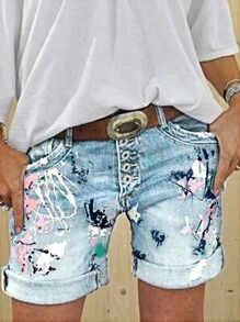 Random Tie-Dye Print Front Button Roll-Hem Denim Shorts - Baby Blue - View 1