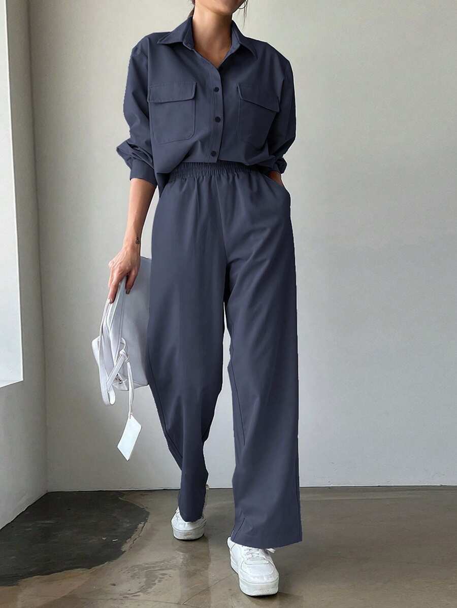 DAZY 2pcs/Set Women Business Casual Solid Color Shirt And Pants Suit,Fall Clothes