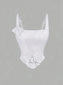 SHEIN MOD Áo hai dây satin trắng thanh lịch dành cho nữ, áo hai dây họa tiết hoa ba chiều có thể tháo rời, áo crop top màu trắng, áo ngực, áo, áo, áo mùa hè cho nữ, áo đồng quê, áo trắng, áo đi chơi - trắng - Xem 1