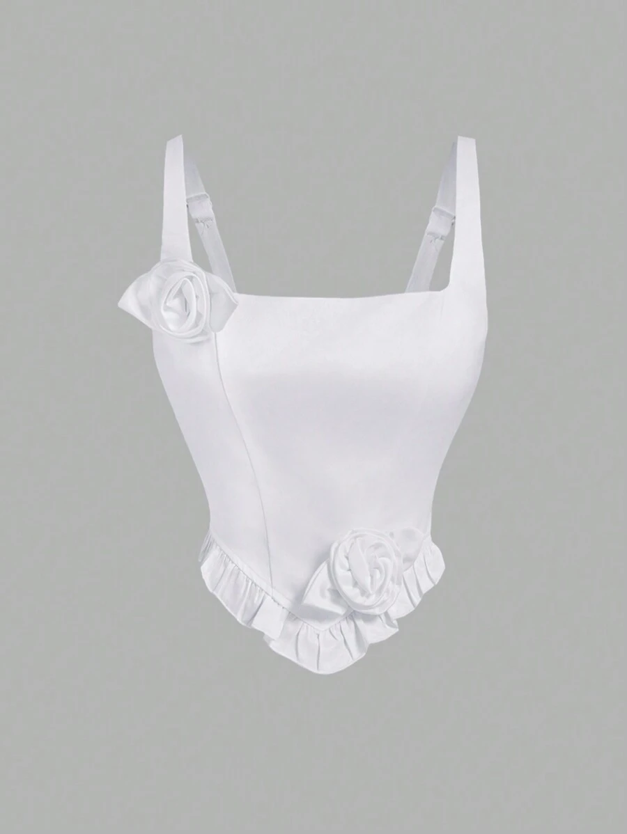 SHEIN MOD Áo hai dây satin trắng thanh lịch dành cho nữ, áo hai dây họa tiết hoa ba chiều có thể tháo rời, áo crop top màu trắng, áo ngực, áo, áo, áo mùa hè cho nữ, áo đồng quê, áo trắng, áo đi chơi - trắng - Xem 1