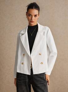 Poéselle 女款白色双排扣优雅长袖西装外套，短款西装外套，秋季长袖西装外套，女士西装外套，白色西装外套，职业女性，秋季女装 - 米色 - 查看 3
