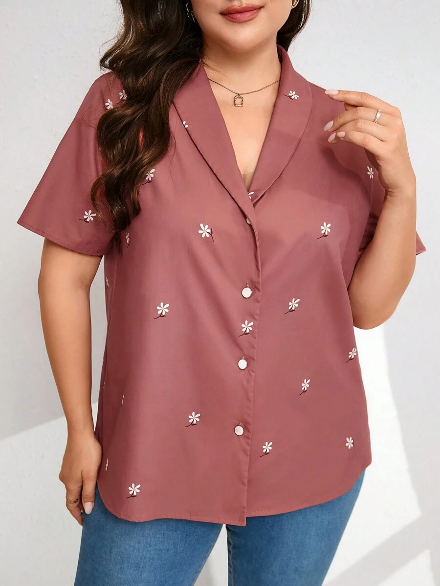 Mulvari Plus Size Women's Elegant Short Sleeve Shirt With Daisy Print Shawl Collar, Summer - Orange - View 1