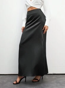 SHEIN Tall Women's Satin Long Skirt, Tall Women - Black - View 6