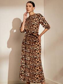 SHEIN Privé Random Leopard Print Open Front Top And Skirt Set - Multicolor - View 4