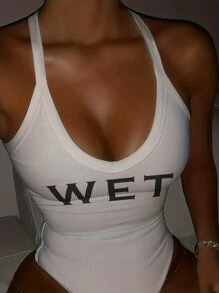 INAWLY Letter Graphic Rib-Knit Bodysuit For Summer - White - View 1