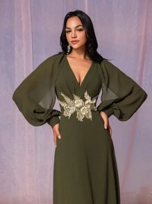 SHEIN Belle Women's Elegant And Dignified Green Chiffon Fabric, Deep V Neck, Gathered Chest, Slit Long Sleeves, Gold Applique Decoration, A-Line Hem Suitable For Wedding Events Formal Bridesmaid Dresses - Army Green - View 6