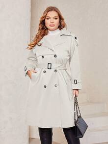 Plus Size Solid Color Double-Breasted Waistband Casual Trench Coat - Beige - View 4