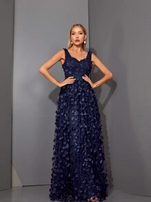 Mgiacy Mesh Floral Rhinestone Collar Sleeveless Back Zipper Luxury Evening Dress - Blue - View 1