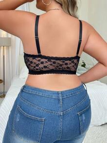 Plus Size Women's Sexy Solid Color Lace Bra, Lingerie - Black - View 2