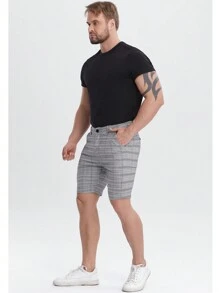 Pantalones cortos de vestir ajustados, elásticos, a cuadros, resistentes a las arrugas para hombre - Gris Claro - Ver 4