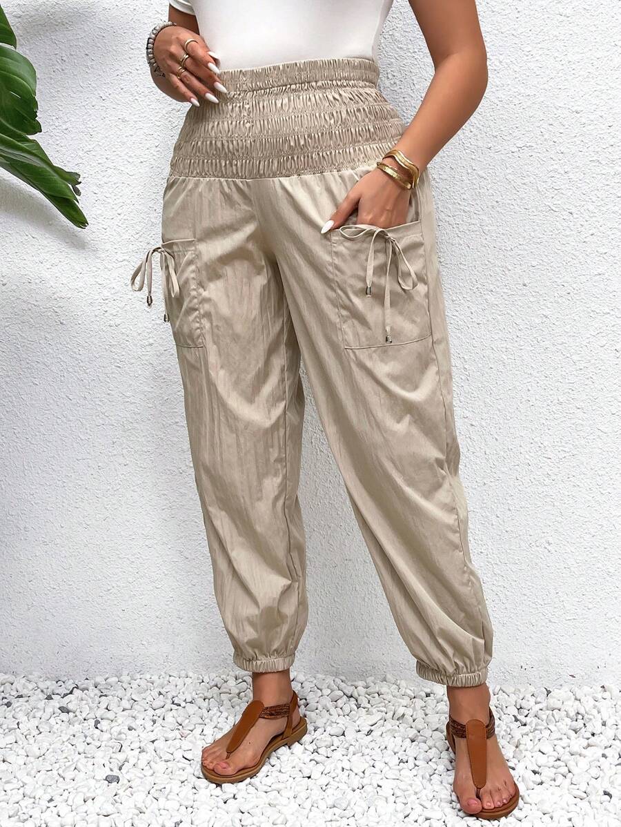 SHEIN LUNE Plus Drawstring Waist Pocket Shirred Pants - Apricot - View 1