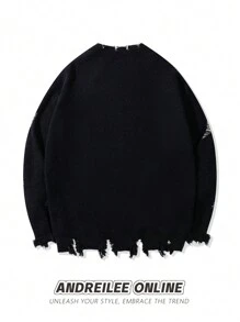 ANDREILEEANDREILEE Men's Street Style Sweater, Unisex Crew Neck Knit Pullover - Black - View 2