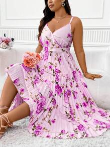 SHEIN Holidaya Váy hai dây xếp ly in hoa thanh lịch cỡ lớn, trang phục Maxi mùa hè cho nữ - Màu Lilac Tím - Xem 5