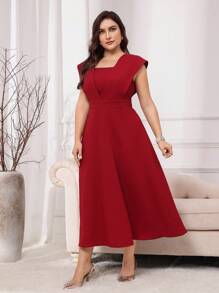 Modelyn Vestido de fiesta elegante de manga corta con cuello cuadrado en talla grande color rojo burdeos, vestidos de noche largos - Burdeos - Ver 4