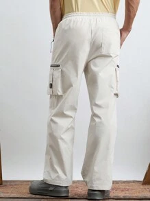 Manfinity VCAY 編織男士休閒鬆身彈性腰口袋實色長褲，適用於日常穿著和青年年齡組 - 杏色 - 查看 2
