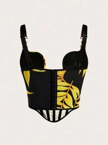 SHEIN SXY 有墊內置胸墊可拆卸內襯杯不可拆卸內襯女士假期熱帶植物印花不對稱擺緊身背心上衣 - 黑色 - 查看 11