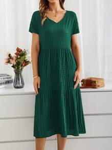 EMERY ROSE Summer Countryside Vacation V-Neck Short Sleeve Women's Dress - Dark Green - View 6