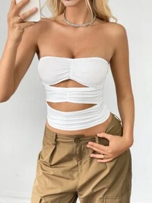 Flirla Solid Cut Out Ruched Tube Strapless Top For Summer - White - View 6