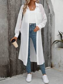 SHEIN LUNE Dames casual dagelijks lang wit overhemd met gestructureerde effen kleur