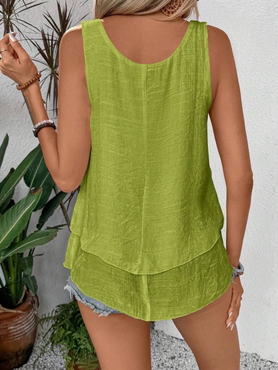 SHEIN LUNE Women's Summer Solid Color Frilled Lace Decorated Tank Top
