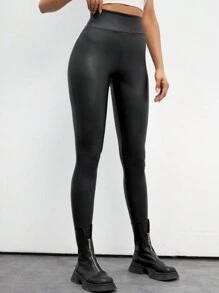 SHEIN Tall 實心PU高腰打底褲 - 黑色 - 查看 5