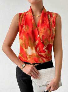 EMERY ROSE Blusa sin mangas con escote cruzado teñida anudada para uso diario, blusas sin mangas - Naranja - Ver 4