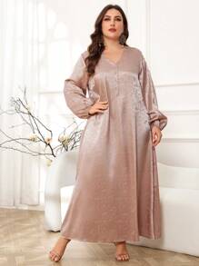 Al Najma Vestido largo de manga larga de unicolor simple para uso diario de talla grande para señoras árabes - Caqui - Ver 1