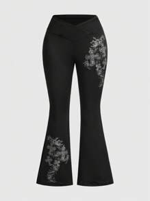 ROMWE Goth Plus Size Cross & Vine Shaped Print Skinny Flared Pants With V-Waist, School - Black - View 1