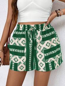 SHEIN LUNE 大尺碼女裝簡約印花零褲，綁帶裝飾 - 綠色 - 查看 3