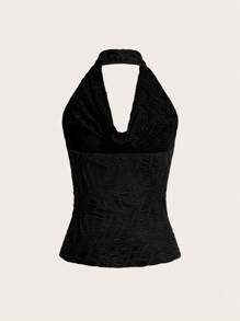 SHEIN Essnce 夏季無後背無袖短上衣 - 黑色 - 查看 2