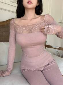 DAZY Lace Splice Slim Fit Long Sleeve Pajama Set Including Top And Pants - Pink - View 3