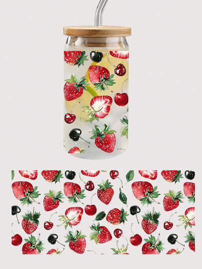 Kawaii 1 pieza Pegatina de cristal con patrón de fresa y cereza impreso mediante transferencia térmica UV, para tazas