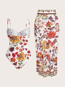 Swim Oasis Traje de baño informal de una pieza y falda de cubrimiento con estampado aleatorio para uso diario para mujer - Rojo - Ver 2