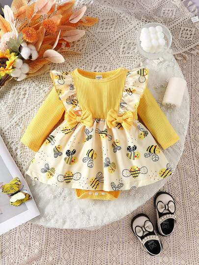 Baby-Mädchen lässige gestreifte Garten-Romper mit Bienen-Muster und gewelltem Saum, Frühling/Sommer