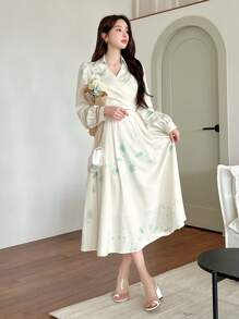 DAZY 花卉印花翻领长袖衬衫和裙子，适合日常穿着，女士两件套，秋季女装 - 綠色 - 查看 3