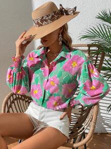 SHEIN VCAY 印花燈籠袖襯衫 - 彩色 - 查看 1