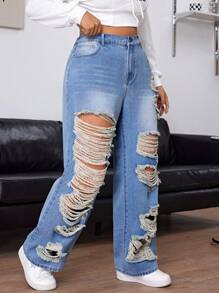 SHEIN EZwear Plus Size Women's Loose Fit Wide Leg Casual Boyfriend Jeans With Pockets And Distressed Details