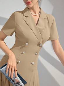 Modelyn Lapel Collar Double Breasted Pleated Hem Arabian Dress Long Evening Dresses