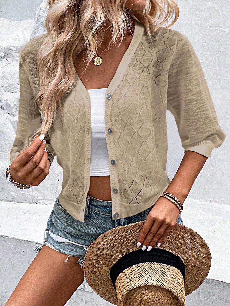 SHEIN LUNE Solid Button Front Casual Cardigan For Summer - Khaki - View 1