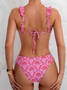 Conjunto de bikini rosa de dos piezas con estampado floral para la playa veraniega con patrón de estampado aleatorio. - Multicolor - Ver 2