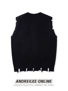 Men Floral & Letter Graphic Distressed Sweater Vest - Black - View 2